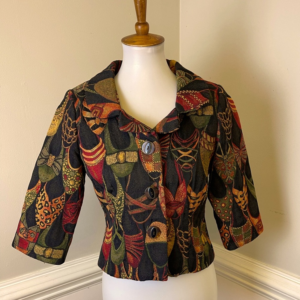 Suzette Tapestry Shoe Print Bolero Jacket S FREE SHIP